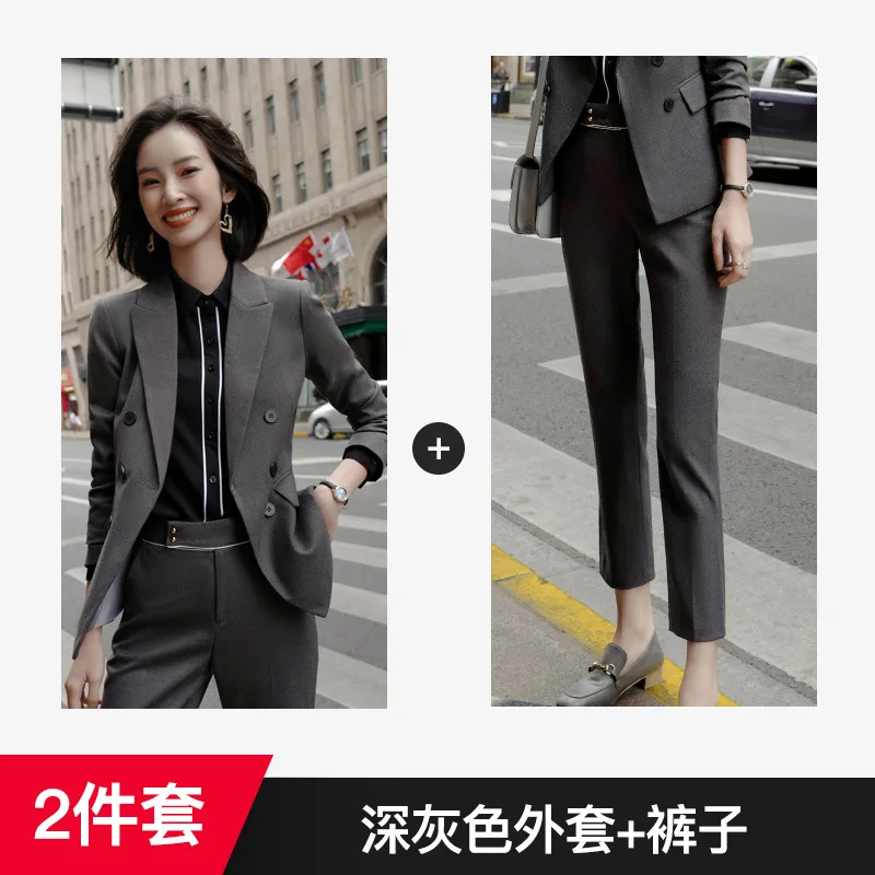 Pants suit Женский костюм осень-зима темперамент Тонкий двубортный профессиональная одежда повседневные тонкие брюки женский костюм из двух предметов - Цвет: Pants suit