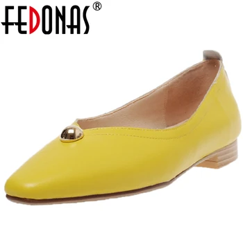 

FEDONAS 2020 Spring Summer Fashion Concise Women Cow Leather Casual Wedding Shoes Metal Decoration Low Heel Slip-On Shoes Woman