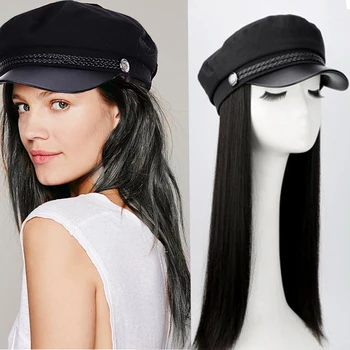 

LUPU Black Brown Long Straight Wig With Navy Hat Natural Connected Synthetic High Temperture Fiber Fake Hairpieces For Women