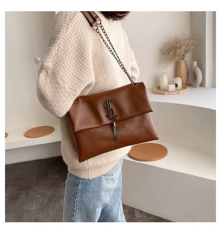 Bolso de hombro de cuero de para mujer, bolso de bandolera con cadena, Bolso grande de diseñador de marca famosa, bolso de