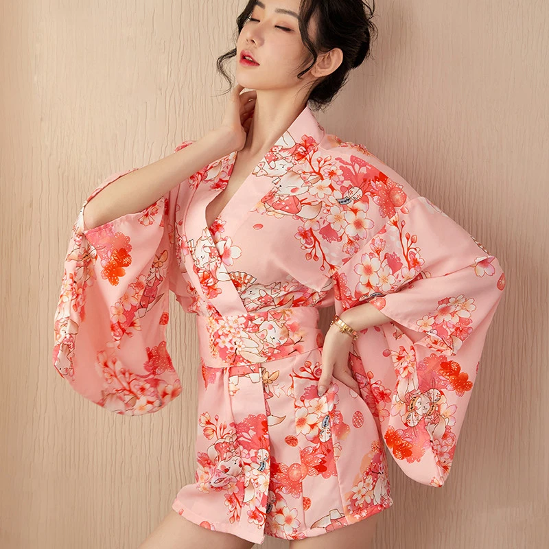 Japanese Kawaii Kimono Sakura Print Short Belt with Bow Sexy Cosplay Women Raditional Style Robe Yukata Outfit Tradition
