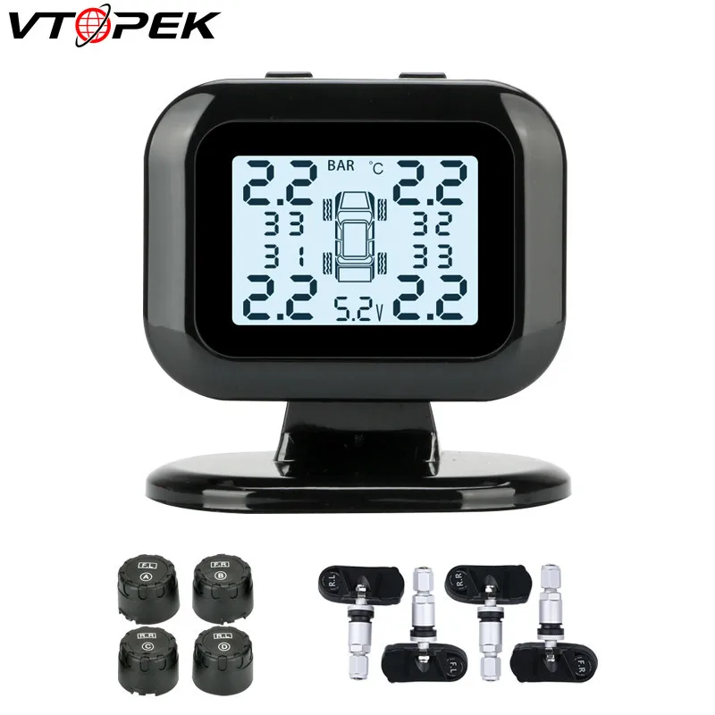  New Car TPMS 4 Tyres Wireless Tyre Pressure Monitoring System Auto Alarm HD Digital Display USB Int