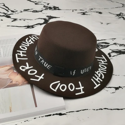 Fedora hat piercing graffiti letters woolen hat Korean style tide men and women wide brim top hat British jazz hat hip hop winte straw fedora hat Fedoras