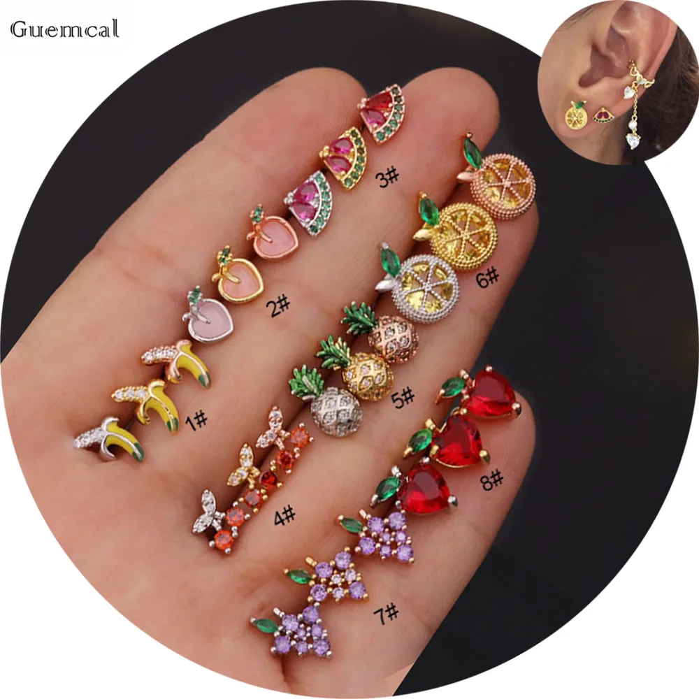 Guemcal 2pcs Explosion Style Stainless Steel Peach Banana Cherry Watermelon Straight Stud Earrings Piercing Jewelry | Украшения и