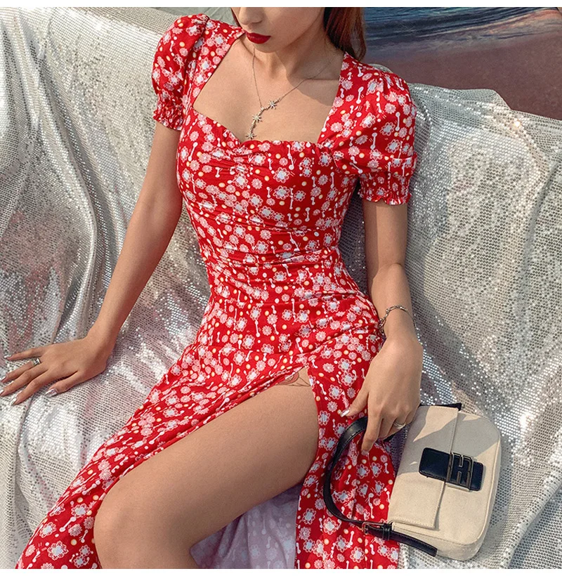 Women Casual Floral Print Midi Dress Square Collar Ruffle Puff Sleeve Slim Split Summer Dress French Romance Retro Dress Vestido