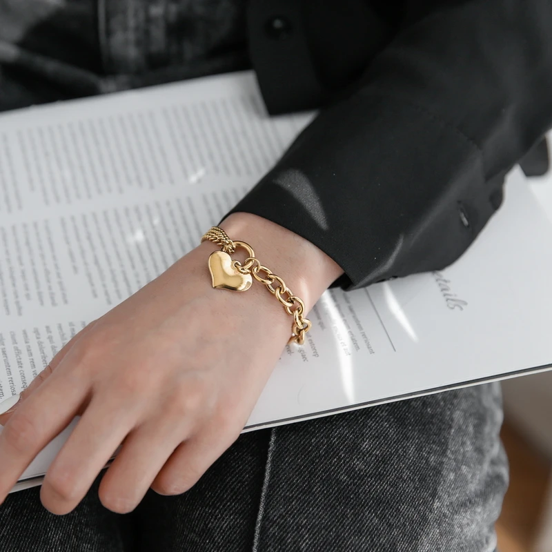 Titanium With 18K Gold Pave Heart Charm Bracelets Japan
