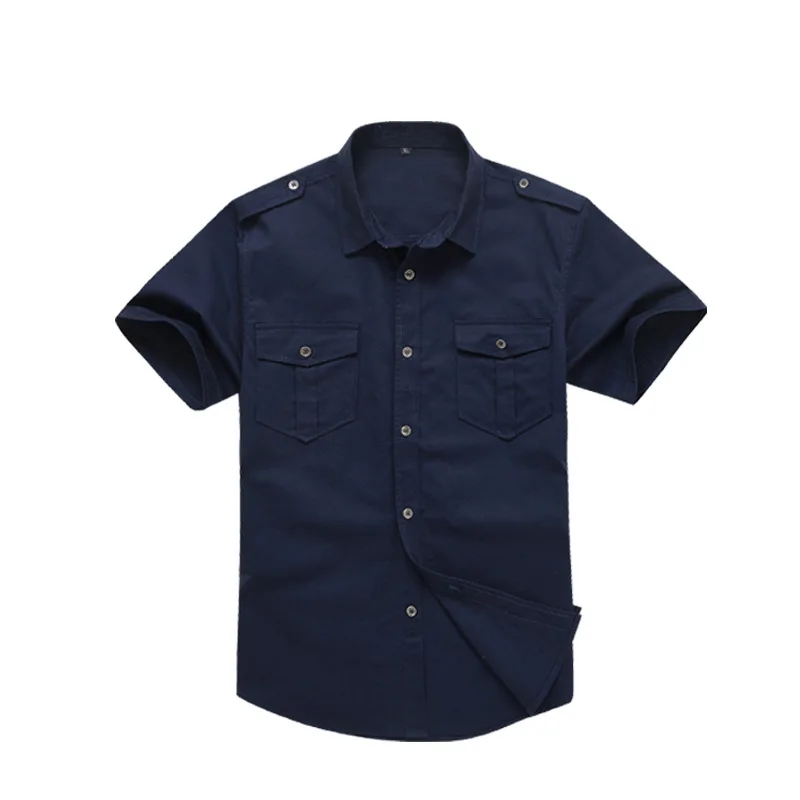 Dark blue Однотонные хлопковые мужские рубашки с коротким рукавом и отложным воротником армейский зеленый хаки мужские Топы повседневные мужские рубашки M-7XL - Цвет: Dark blue