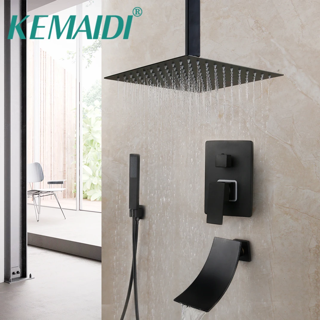 Matte Black Bathroom Shower Faucet Rainfall Tub LED Bathtub Shower Systerm Rain Square Head Waterfall Mixer Tap KEMAIDI bathroom shower faucet set,bathroom faucet