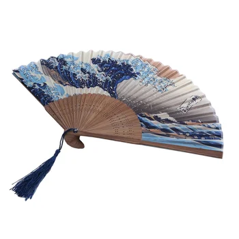 

New Lace Bamboo Folding fan Dark blue and white wave pattern