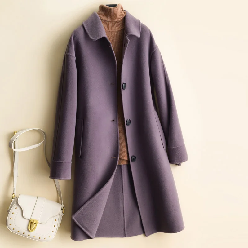 Luxury Autumn Winter New Double Sides Wool Coat Women Single Breasted Pockets Solid Loose Female Woolen Jacket G804 - Цвет: Фиолетовый