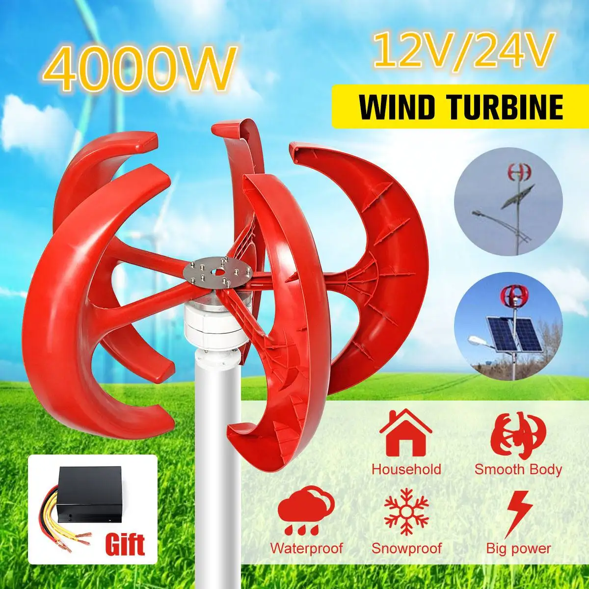 

4000W 12V 24V Vertical Axis Wind Turbines Generator Lantern 5 Blades Motor Kit For Home Hybrids Streetlight Electromagnetic