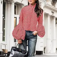 2020 Spring Shirts ZANZEA Fashion Plaid Work Office Blouse Long Puff Sleeve Check Chemise Women Casual Tunic Tops Female Blusas
