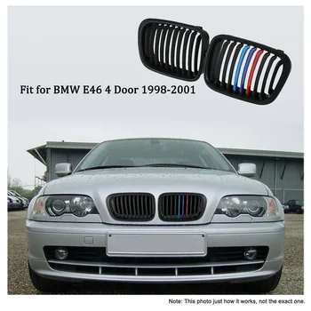 

One Pair Matt Black Front Kidney Grille M Style Grill with Red Blue & Dark Blue Color Decoration for BMW E46 4 Door 98-01