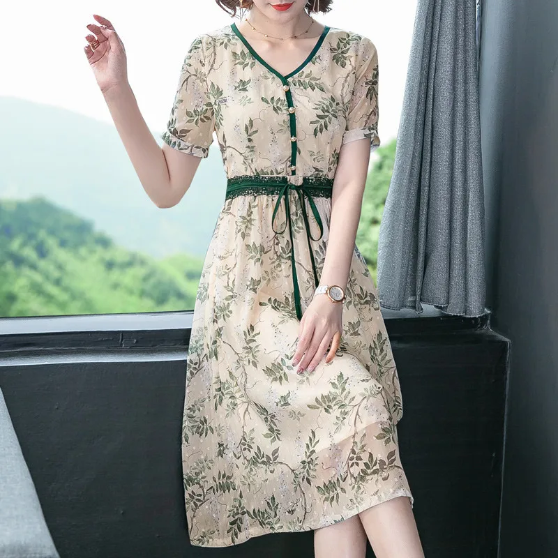 

YUZACDWX 2022 New Summer Dress Women Floral Print Long Chiffon Dress Female Short Sleeve Pleated Vestidos Korean Fashion