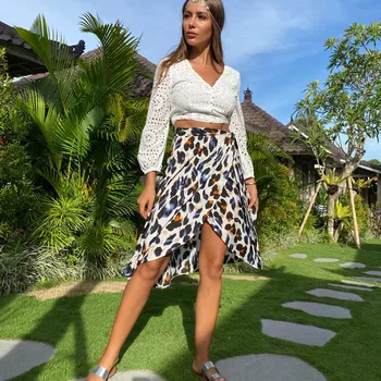 

Summer Women Lace Up Leopard Printed Skirts Elegant High Waist Ruffles Loose Split Wrap Skirt Ladies Beach Clothes Female