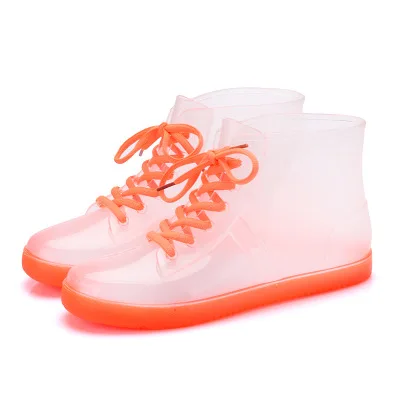 Женские прозрачные дождевые ботинки из ПВХ; Модные женские ботильоны на резиновой подошве со шнуровкой; водонепроницаемые Повседневные Удобные женские ботинки; обувь на плоской подошве; 39 - Цвет: Оранжевый