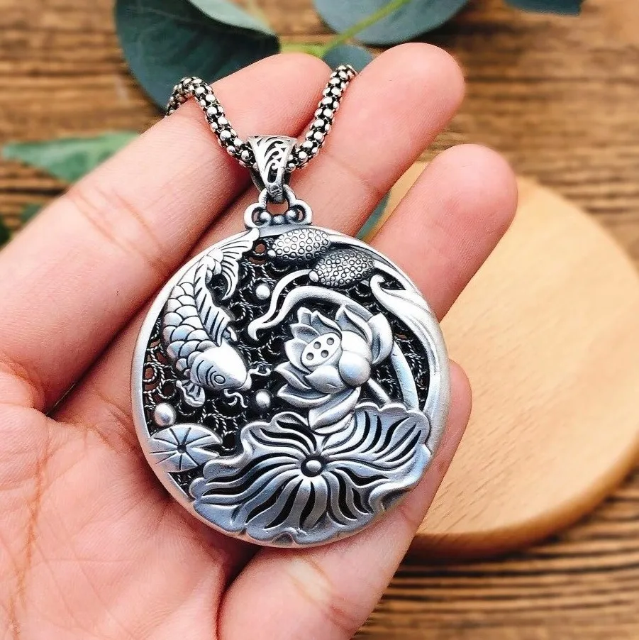 

BOCAI New Real s999 sterling silver retro Chinese style filigree lotus carp pendant sweater chain woman pendant