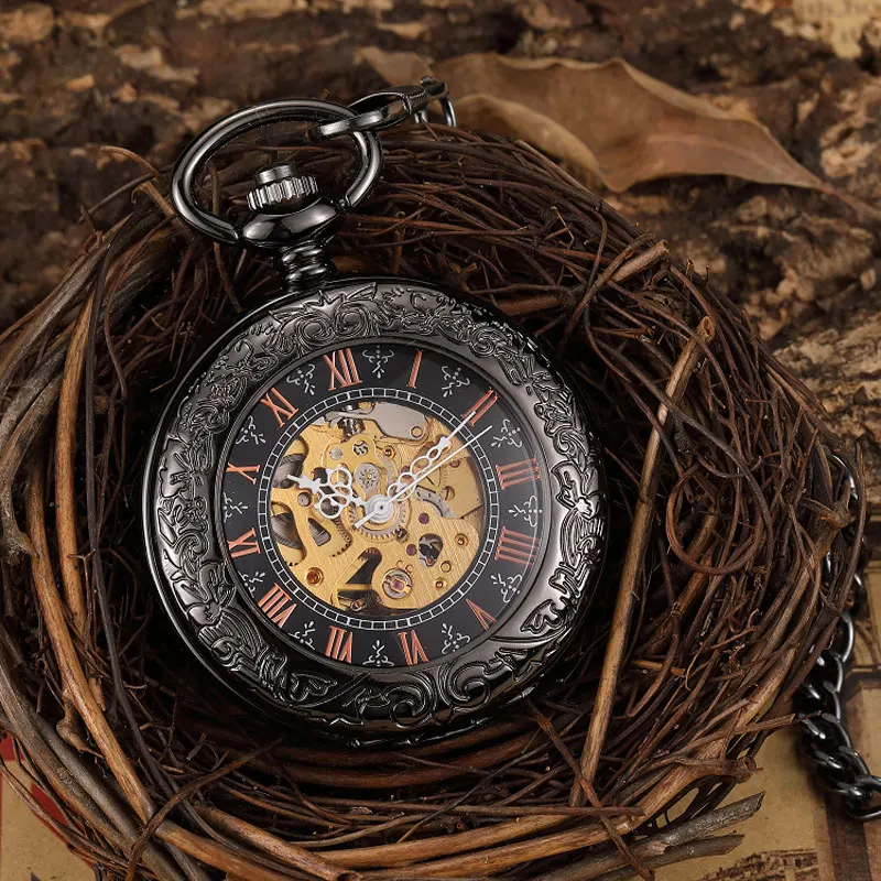 Vintage Bronze Skeleton Mechanical Pocket Watch Men Roman Dial Steampuk Hand Wind Pendant Clock Chain Watch Reloj de bolsillo