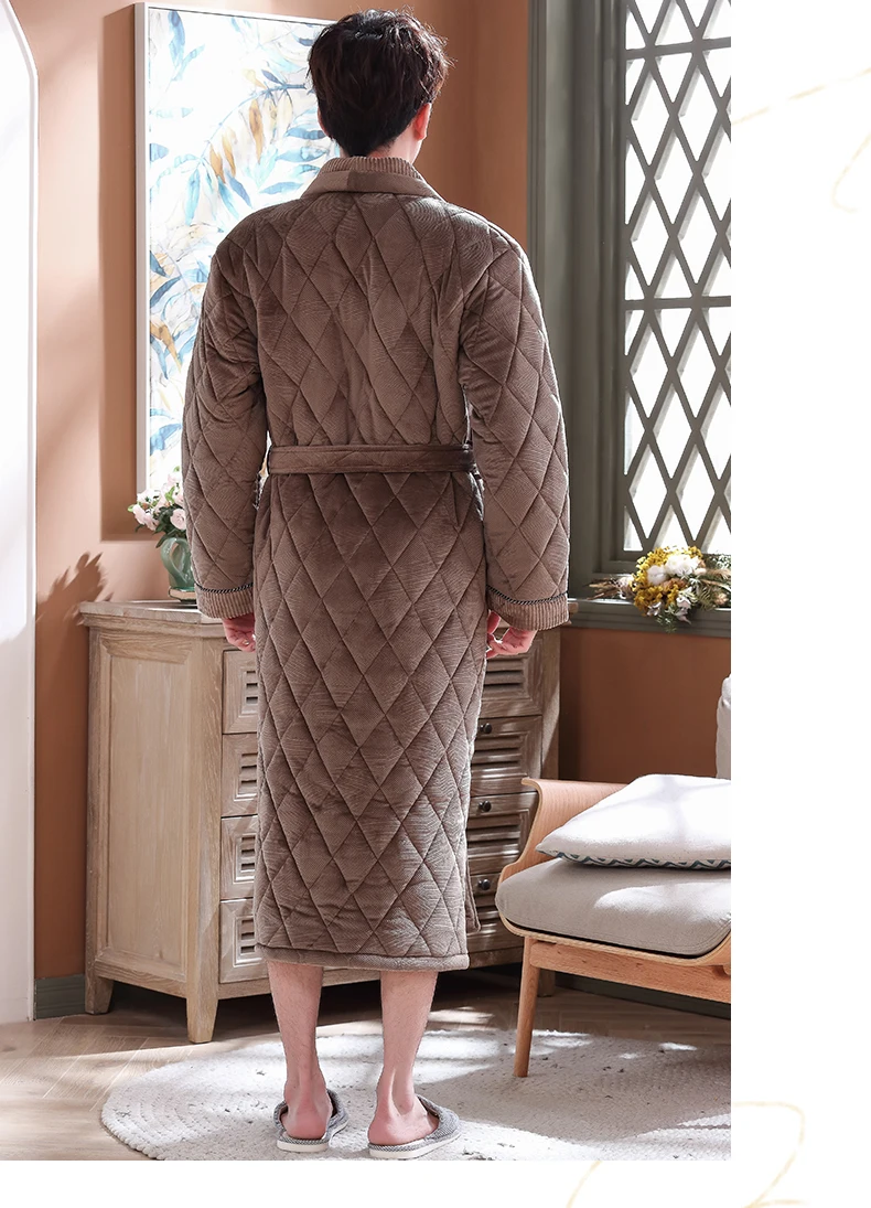 Men's Winter Plush Quilted Lengthened Shawl Bathrobe Home Clothes Long Sleeved Robe Coat men robe thick pijamas hombre robes 3XL