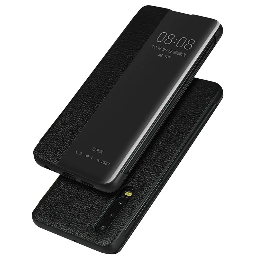 

LUCKBUY Luxury View Window Litchi Pattern Genuine Leather flip case for Huawei P30 Funda Huawei P30 Pro Book Cover Phone Cases