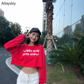 

Hoodies Women Short O-Neck Letter Printed Loose Ulzzang Simple All-match Hip Hop Sweatshirts Womens Soft Trendy Pullovers Chic