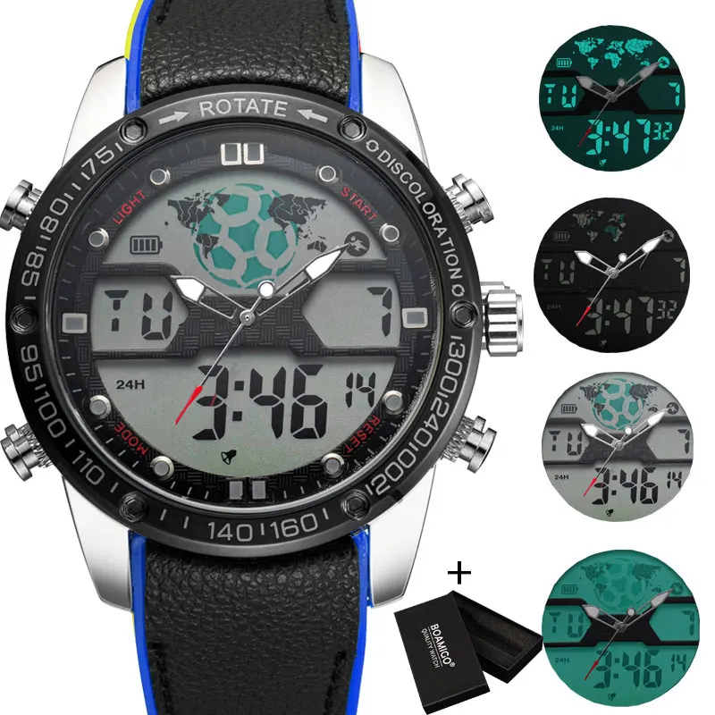Новинка, мужские часы BOAMIGO, мужские спортивные часы, мужские Кварцевые светодиодный аналоговые цифровые часы, мужские военные наручные часы, водонепроницаемые часы для плавания - Цвет: blue box