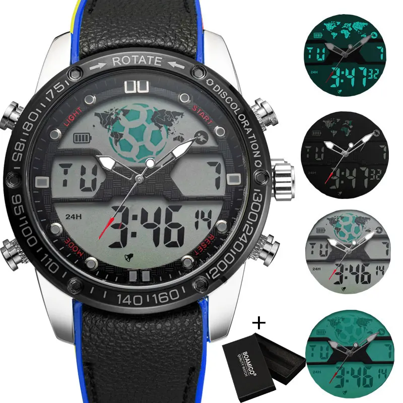 blue box Мужские часы BOAMIGO, мужские модные спортивные часы, мужские Кварцевые светодиодный аналоговые цифровые часы, мужские водонепроницаемые военные наручные часы для плавания - Цвет: blue box