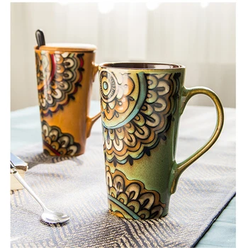 

Creative Mugs Ceramic Mugs Retro Large Capacity 500ml Office Couple Mug Teacup Household Simple Cup with Cover Spoon