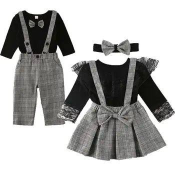 

Family Matching Clothes Set Little Brother Long Sleeve Black T-shirt Bodysuit Overall Big Sister Plaid Strap Skirt Pants Outfit