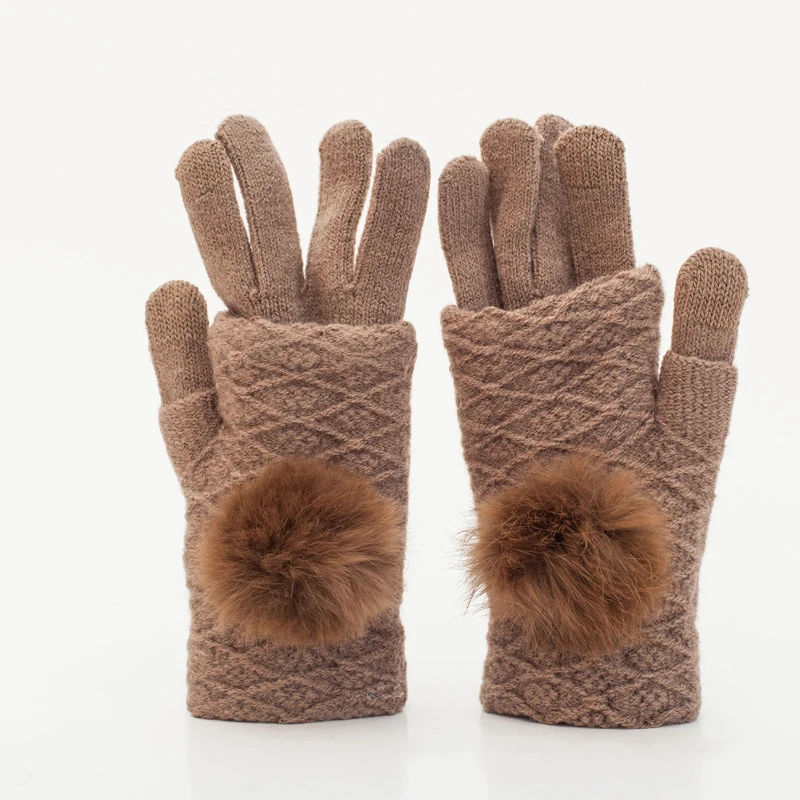 Новые теплые зимние меховые перчатки с помпонами, 5 пальцев, кашемировые вязаные рукавицы с сенсорным экраном, женские зимние вязаные перчатки - Цвет: Хаки