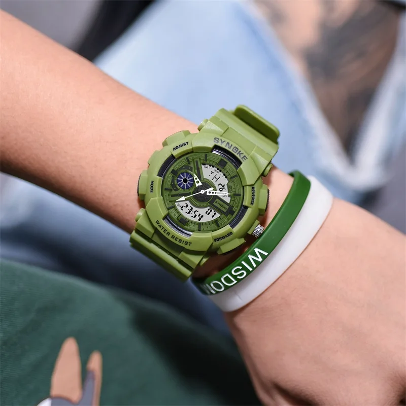 SYNOKE Модные Зеленые спортивные цифровые милитари часы для женщин и мужчин