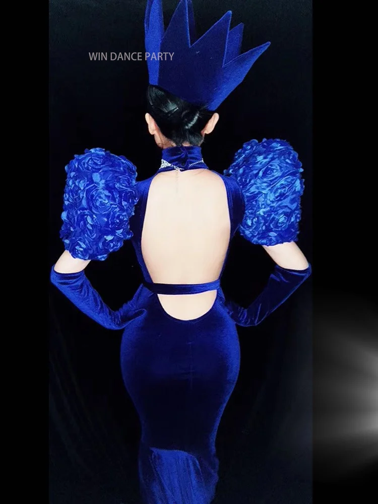 Crown Singer Stage ballroom Velvet Dance Costumes Evening skirt Party Long Tail Dresses Outfit Women Performance clothe Backless