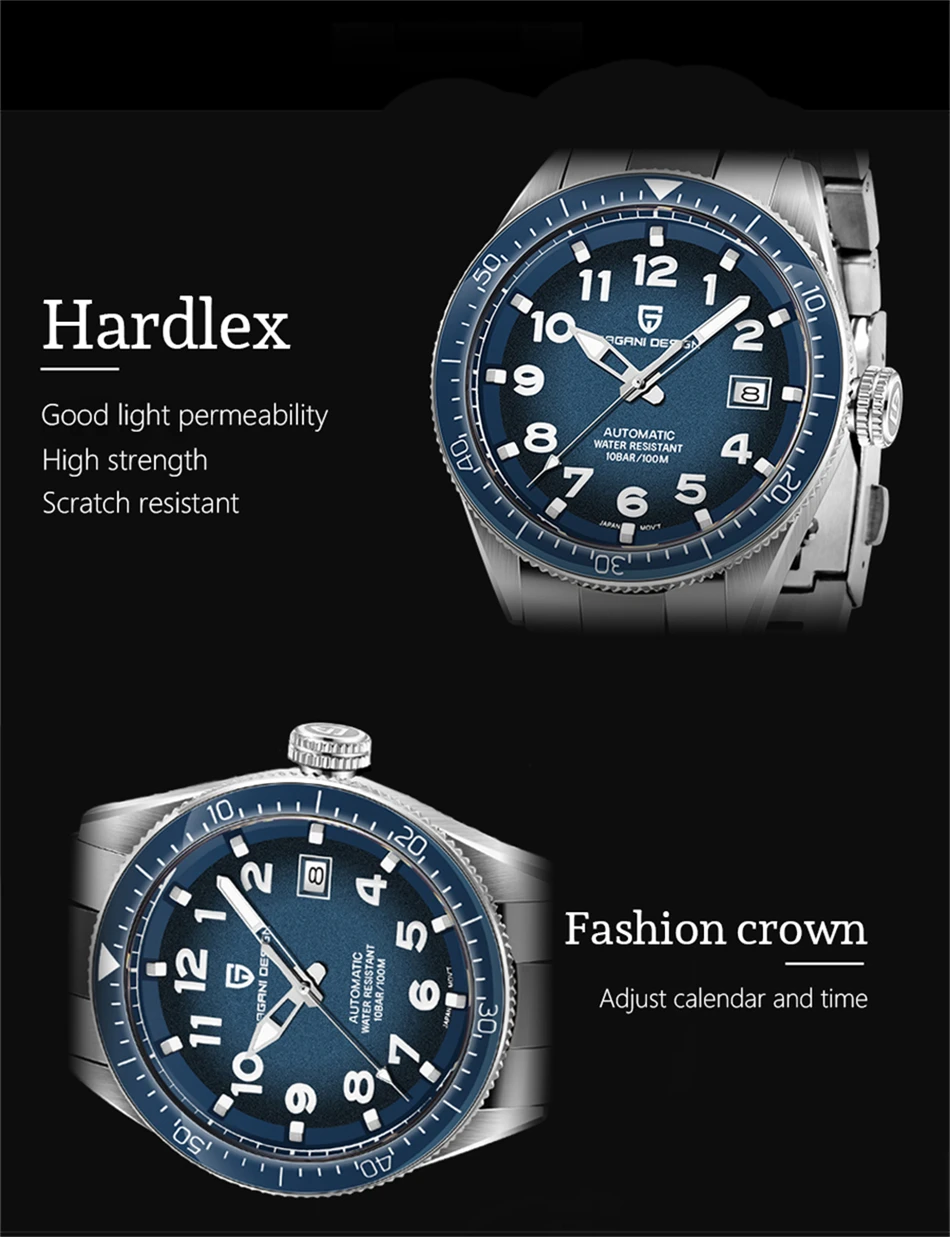 PAGANI DESIGN Luxury Men's Mechanical Wristwatch Top Brand NH35A Movement Blue Automatic 100M Waterproof Watch Relogio Masculino