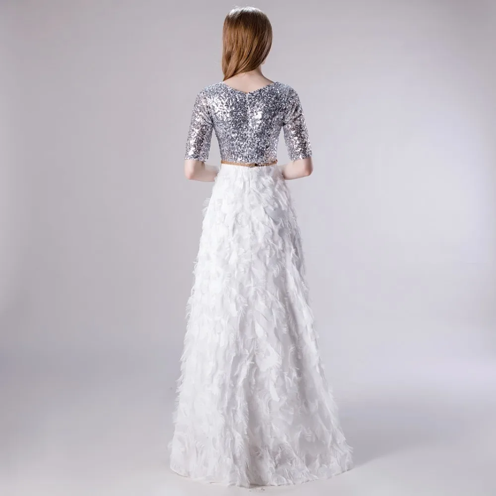 Vivian's Bridal сказочное серебристое белое контрастное платье для выпускного вечера Милая юбка с перьями Золотое Платье с поясом и пайетками Макси Вечерние платья