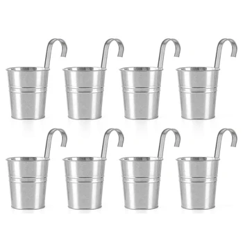 

8 Packs of Hanging Flower Pots, Iron Bucket Flower Pots, for Fenced Balcony Gardens, Silver