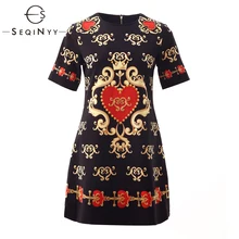 SEQINYY черное платье весна осень модный дизайн женское с коротким рукавом цветочный принт красное сердце бисерное роскошное мини-платье