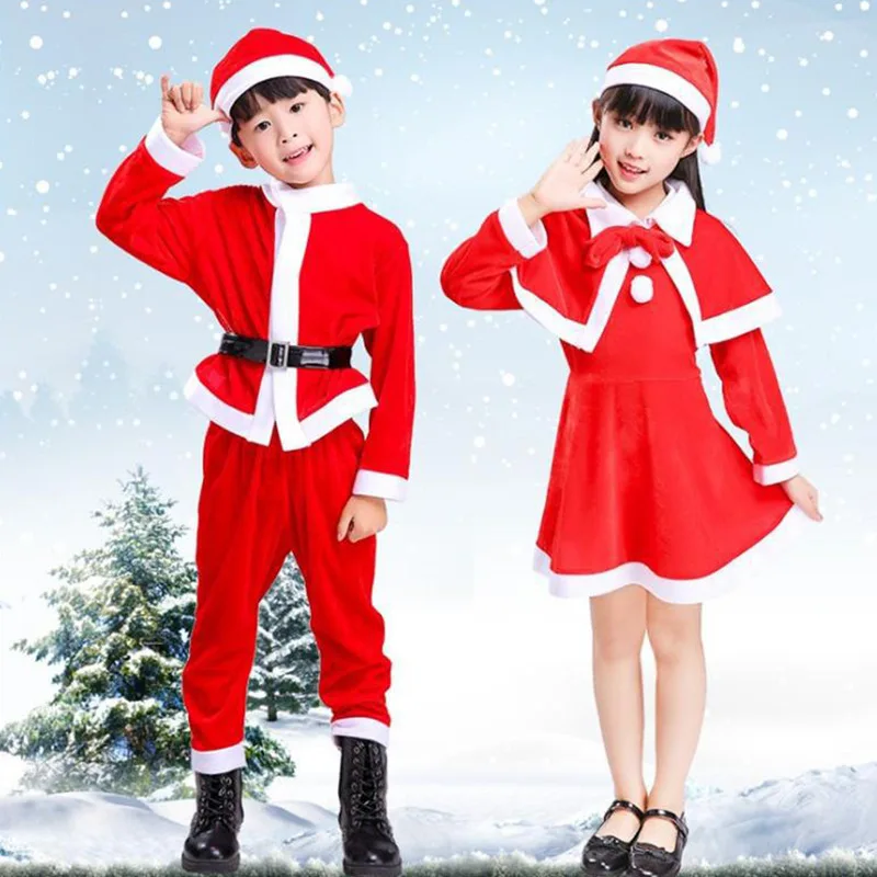 

Red Cute Children Christmas Set Christmas Old Man Clothes Dressing up Men And Women Children Shawl Cloak Christmas Clothing