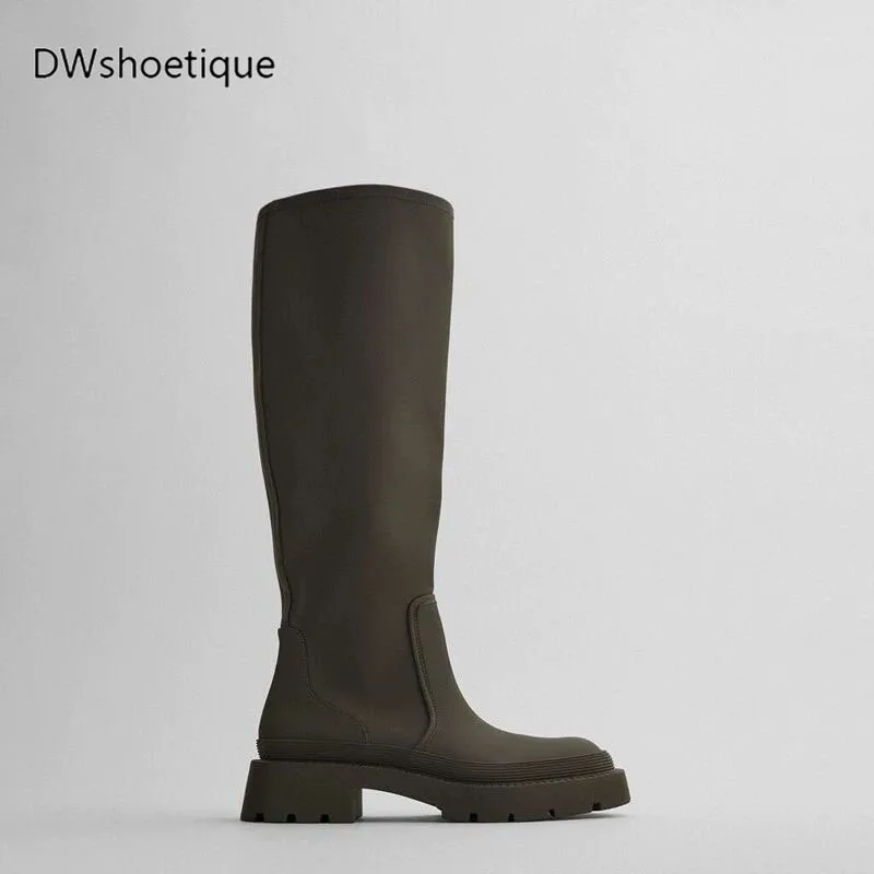 New round toe platform women knee boots slip on casual chunky heel women long boots