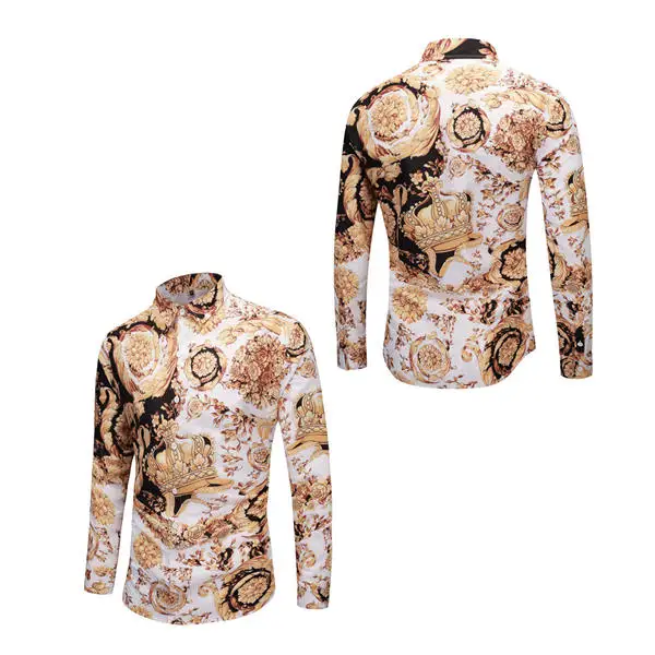 Crown gold Floral Мужские вечерние рубашки большого размера с 3D принтом королевской короны, нарядные рубашки с цветочным принтом, повседневные Клубные рубашки унисекс с длинным рукавом, приталенные Роскошные Рубашки - Цвет: Crown gold Floral
