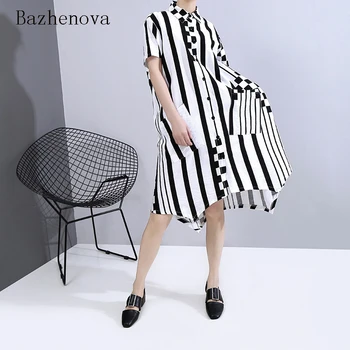 

Bazhenova Women Summer Striped Dresses Woman Boyfriend Style Printing Gown For Girl All-match Fresh Dress Office Lady Gowns R667