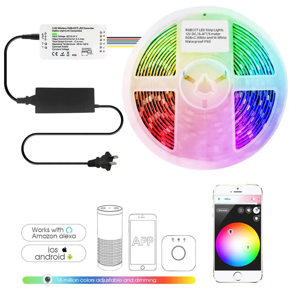 

Smart ZigBee Controller with 12V RGBCCT LED Strip Lights Works with Hue Bridge,Lightify Hub and Amazon Echo Plus for APP