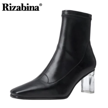 

Rizabina Women Ankle Boots Shoes Square Toe Thick High Clear Heel Slip On Stretch Boots Solid Color Female Footwear Size 34-40