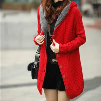 

2020 New Winter Hooded Cardigan Women Sweater Red White Coat Thick Warm Sueter Mujer Long Sleeve Female Knitted Outwear