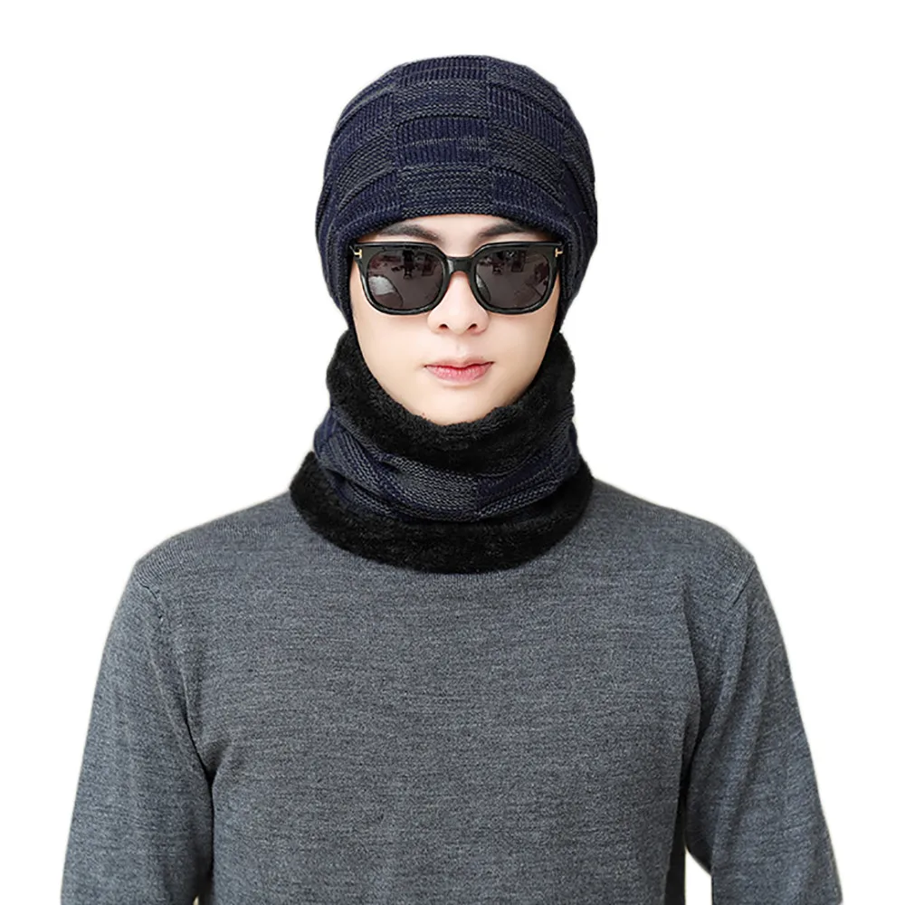 Тёмно-синий 2 шт., зимняя теплая шапка, шарф, набор для мужчин, Skullies Beanies, плюс бархат, толстая зимняя шапка, шарф, вязаная шапка, шапочка унисекс - Цвет: Тёмно-синий
