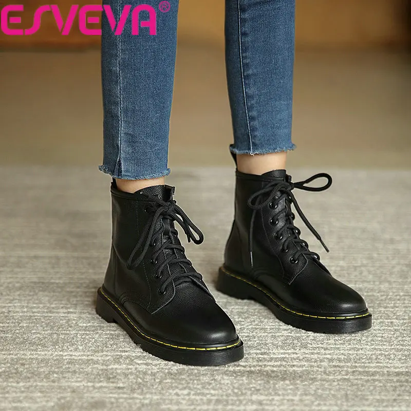 

ESVEVA 2022 New Winter Genuine Leather Vintage Style Classic Riding Boots Women Low Heel Shoes Size34-39