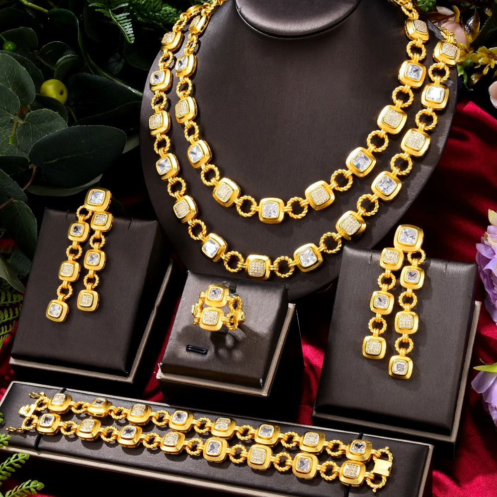 KellyBola Gorgeous Custom Geometric Chain Necklace Bracelet Ring Earring 4PCS Women's Wedding Party Boutique Zircon Jewelry Set