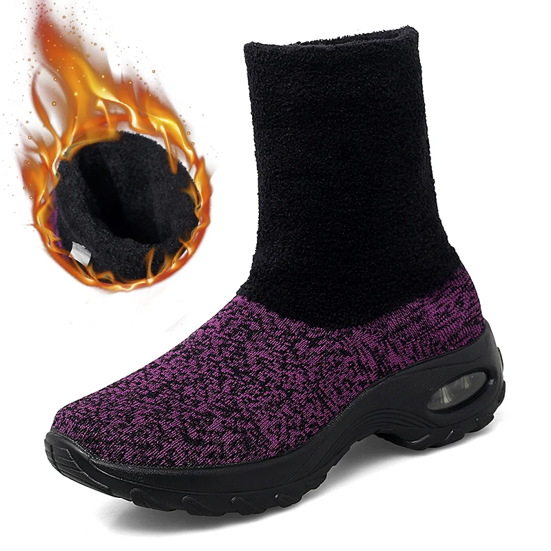 Warmth Winter Snow Boots Woman High Top Cushioning Running Shoes Plush Fur Socks Sneakers Big Size 43 Light Athletic Trainers