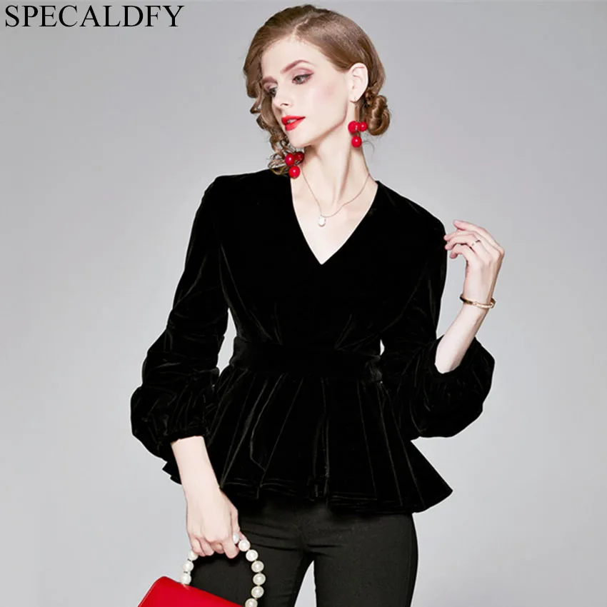 

2019 Autumn Winter Velvet Blouse Womens Tops And Blouses High Quality Fashion Runway Designer Ruffle Hem Elegant Blouse Shirt