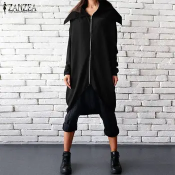 

ZANZEA Fashion Zipper Coats Women Jackets Autumn Lapel Neck Long SleeveCasual Sweatshirt Outwear Solid Irregular Hem Coat Robe