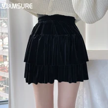 IAMSURE Korean Style Velvet Solid Pleated Skirt Women 2021 Basic High Waisted Mini Skirts Sweet Fashion Casual Streetwear Black
